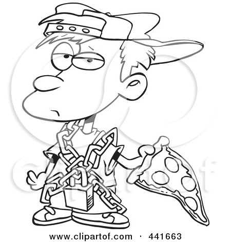 Royalty-Free (RF) Clip Art Illustration of a Cartoon Black And White Outline Design Of A Messy Boy Eating Pizza by toonaday