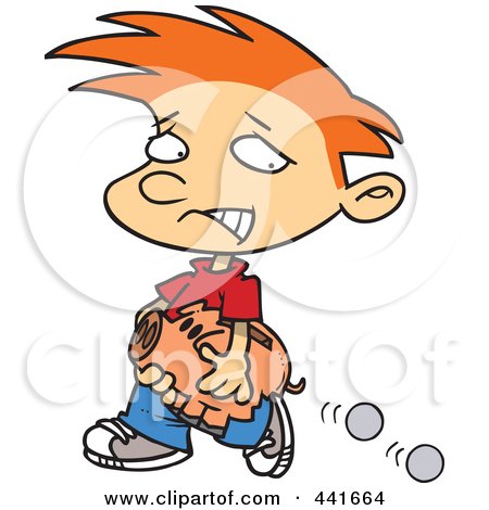 Royalty-Free (RF) Clip Art Illustration of a Cartoon Boy Losing Coins From His Piggy Bank by toonaday