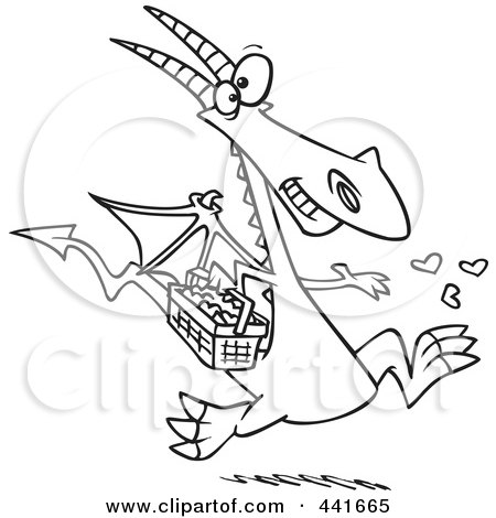 Royalty-Free (RF) Clip Art Illustration of a Cartoon Black And White Outline Design Of A Dragon Spreading Love by toonaday