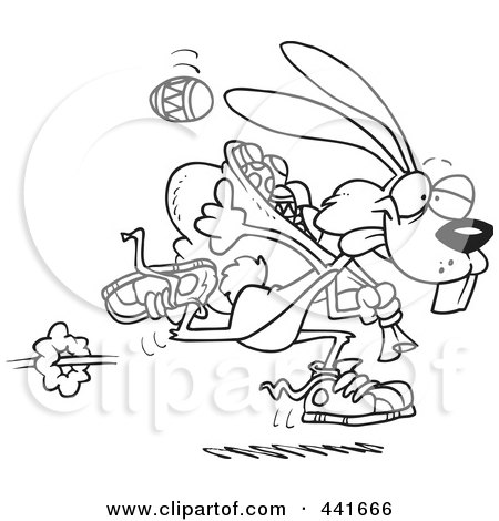 Cartoon Black And White Outline Design Of An Easter Bunny Running With
