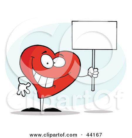 Clipart Illustration of a Grinning Heart Character Holding A Blank White Sign by Hit Toon