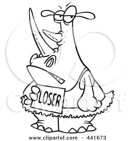 Royalty-Free (RF) Clip Art Illustration of a Cartoon Black And White Outline Design Of A Loser Ballerina Rhino by toonaday