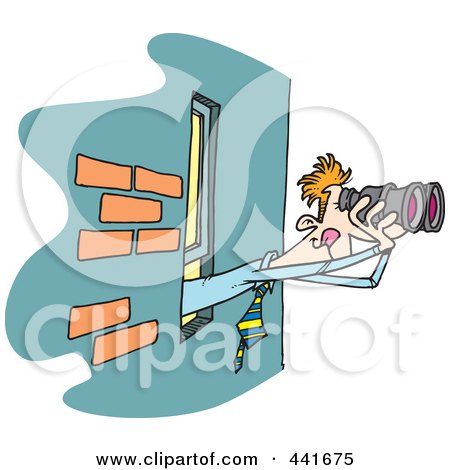 Royalty-Free (RF) Clip Art Illustration of a Cartoon Businessman Looking Out A Window With Binoculars by toonaday