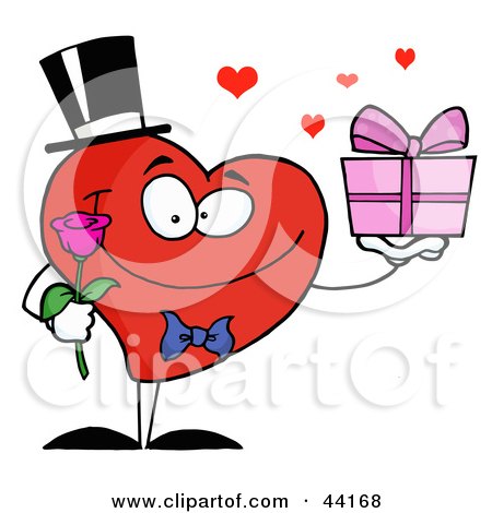 Clipart Illustration of a Romantic Gentleman Heart Holding A Single Rose And A Present by Hit Toon