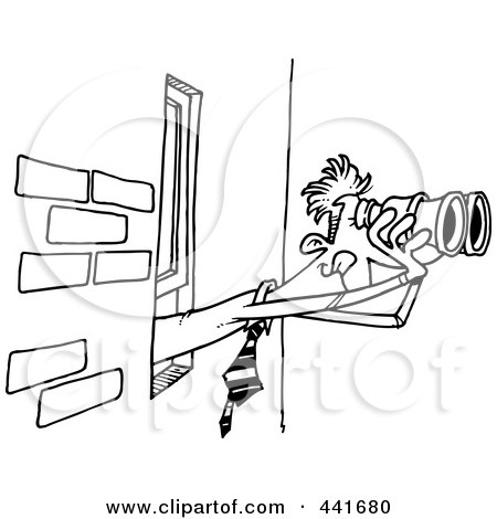 Royalty-Free (RF) Clip Art Illustration of a Cartoon Black And White Outline Design Of A Businessman Looking Out A Window With Binoculars by toonaday