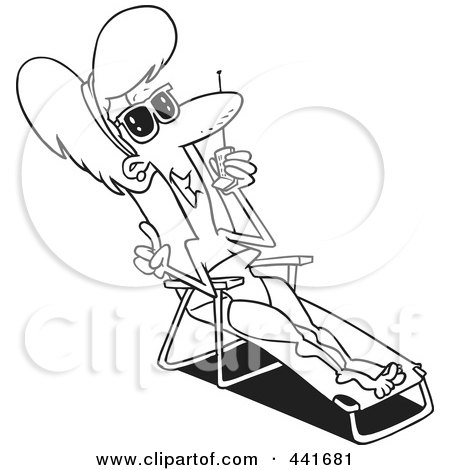 Royalty-Free (RF) Clip Art Illustration of a Cartoon Black And White Outline Design Of A Woman Sun Bathing And Talking On A Cell Phone by toonaday