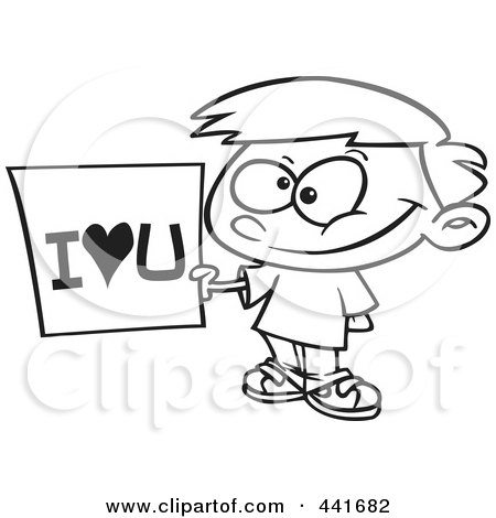 Royalty-Free (RF) Clip Art Illustration of a Cartoon Black And White Outline Design Of A Boy Holding An I Love You Sign by toonaday