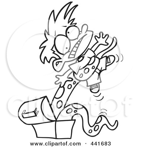 Royalty-Free (RF) Clip Art Illustration of a Cartoon Black And White Outline Design Of A Boy Being Strangled By A Monster In His Lunch Box by toonaday