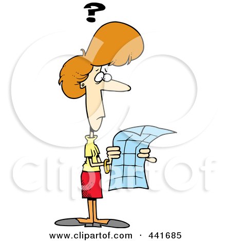 Royalty-Free (RF) Clip Art Illustration of a Cartoon Lost Woman Trying To Read A Map by toonaday
