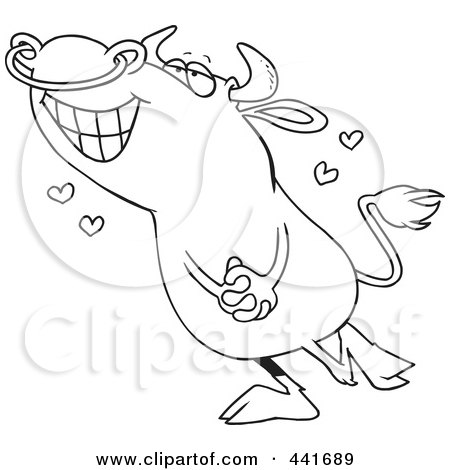 Royalty-Free (RF) Clip Art Illustration of a Cartoon Black And White Outline Design Of An Infatuated Bull by toonaday