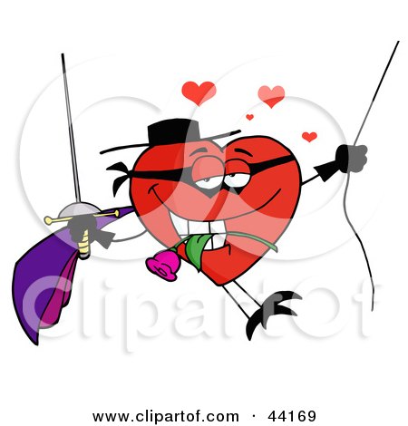 Clipart Illustration of a Masked Heart Character Swinging On A Rope And Biting A Rose While Holding A Sword by Hit Toon