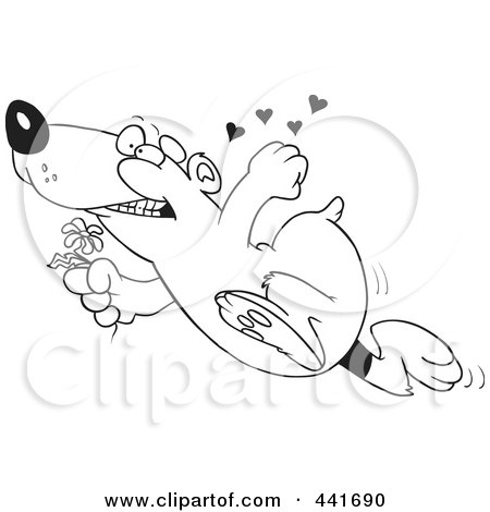 Royalty-Free (RF) Clip Art Illustration of a Cartoon Black And White Outline Design Of A Romantic Bear Running With Flowers by toonaday