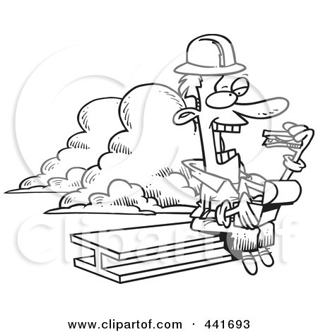 Royalty-Free (RF) Clip Art Illustration of a Cartoon Black And White Outline Design Of A Builder Eating His Lunch On A Beam by toonaday