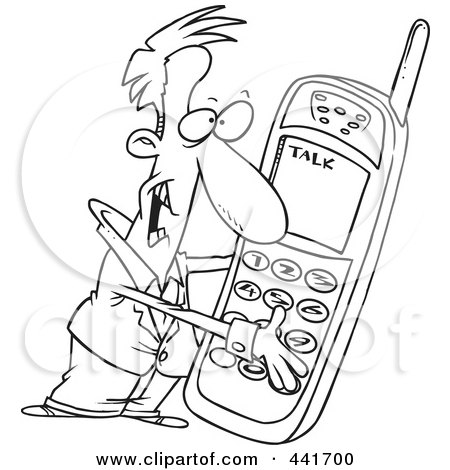 Royalty-Free (RF) Clip Art Illustration of a Cartoon Black And White Outline Design Of A Man Holding A Giant Phone by toonaday