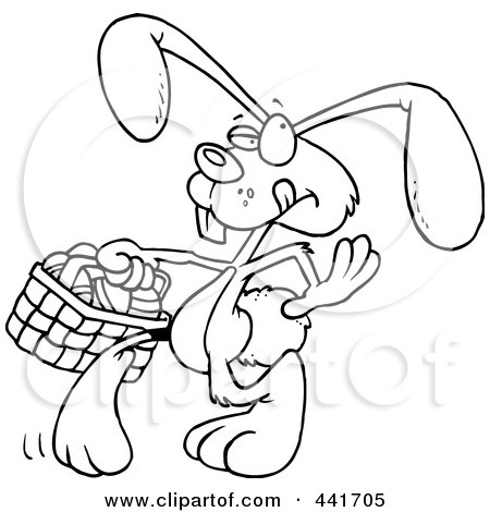 Royalty-Free (RF) Clip Art Illustration of a Cartoon Black And White Outline Design Of An Easter Bunny Walking With An Easter Basket by toonaday