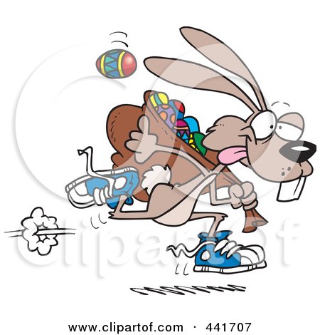Royalty-Free (RF) Clip Art Illustration of a Cartoon Easter Bunny Running With A Bag Of Eggs by toonaday