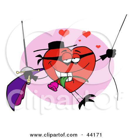 Clipart Illustration of a Romantic Masked Heart Character Swinging With A Rose And Sword by Hit Toon