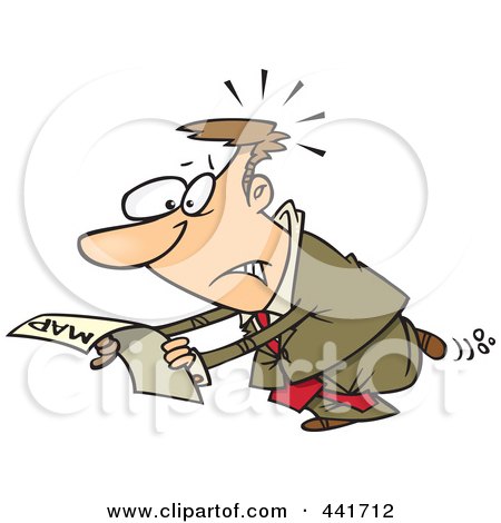 Royalty-Free (RF) Clip Art Illustration of a Cartoon Lost Businessman Reading A Map by toonaday