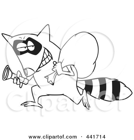 Royalty-Free (RF) Clip Art Illustration of a Cartoon Black And White Outline Design Of A Raccoon Thief by toonaday