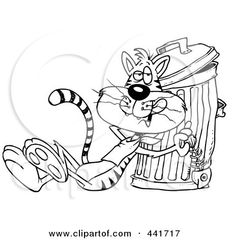 Royalty-Free (RF) Clip Art Illustration of a Cartoon Black And White Outline Design Of A Cat Eating A Luxurious Fish Bone From The Garbage by toonaday