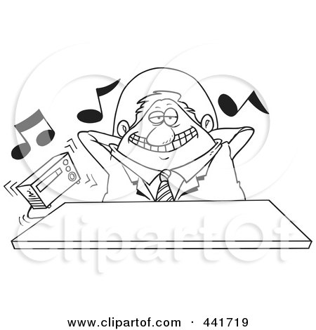 Royalty-Free (RF) Clip Art Illustration of a Cartoon Black And White Outline Design Of A Lazy Boss Listening To Loud Music by toonaday
