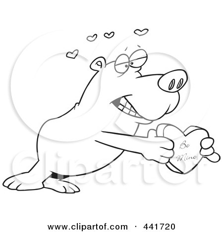 Royalty-Free (RF) Clip Art Illustration of a Cartoon Black And White Outline Design Of A Bear Holding A Be Mine Heart Box by toonaday