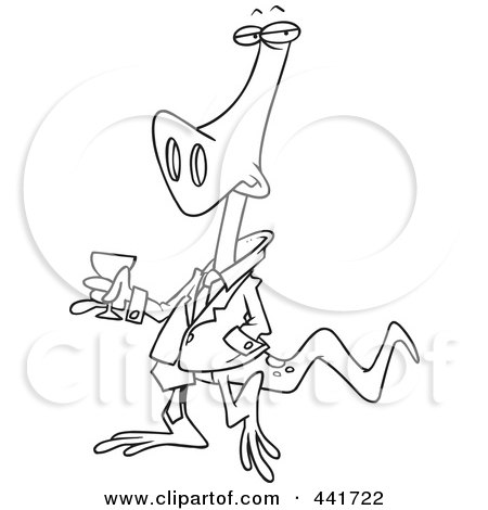 Royalty-Free (RF) Clip Art Illustration of a Cartoon Black And White Outline Design Of A Lizard Carrying A Glass Of Wine by toonaday