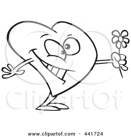 Royalty-Free (RF) Clip Art Illustration of a Cartoon Black And White Outline Design Of A Romantic Heart Holding Flowers by toonaday