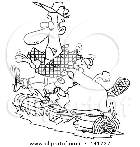Royalty-Free (RF) Clip Art Illustration of a Cartoon Black And White Outline Design Of A Lumberjack And Beaver Log Rolling by toonaday
