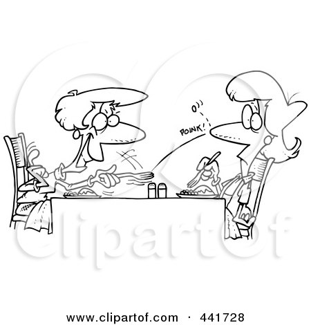 Royalty-Free (RF) Clip Art Illustration of a Cartoon Black And White Outline Design Of An Old Woman Flicking A Pea At Her Daughter by toonaday