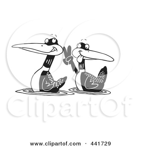 Royalty-Free (RF) Clip Art Illustration of a Cartoon Black And White Outline Design Of A Pair Of Loons by toonaday