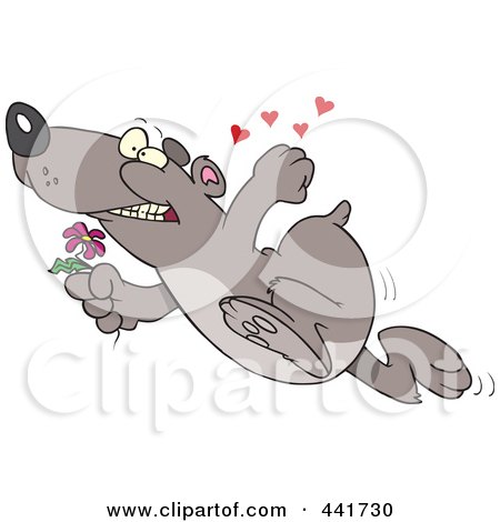 Royalty-Free (RF) Clip Art Illustration of a Cartoon Romantic Bear Running With Flowers by toonaday