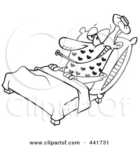 Royalty-Free (RF) Clip Art Illustration of a Cartoon Black And White Outline Design Of A Man Sick With Love by toonaday