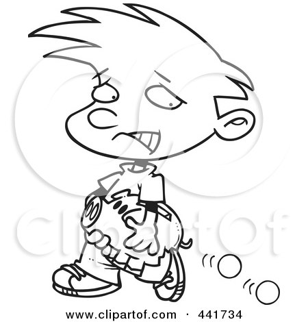 Royalty-Free (RF) Clip Art Illustration of a Cartoon Black And White Outline Design Of A Boy Losing Coins From His Piggy Bank by toonaday