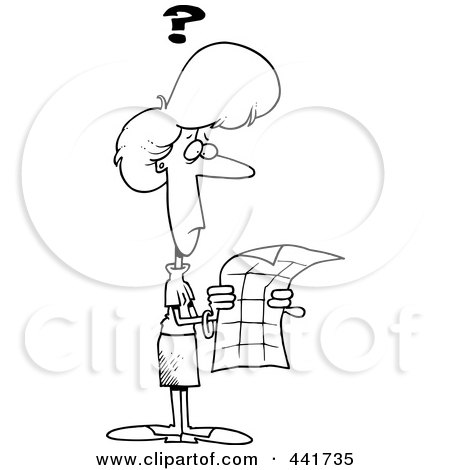 Royalty-Free (RF) Clip Art Illustration of a Cartoon Black And White Outline Design Of A Lost Woman Trying To Read A Map by toonaday