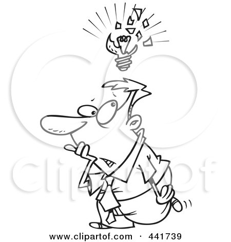 Royalty-Free (RF) Clip Art Illustration of a Cartoon Black And White Outline Design Of A Businessman With A Lousy Idea by toonaday