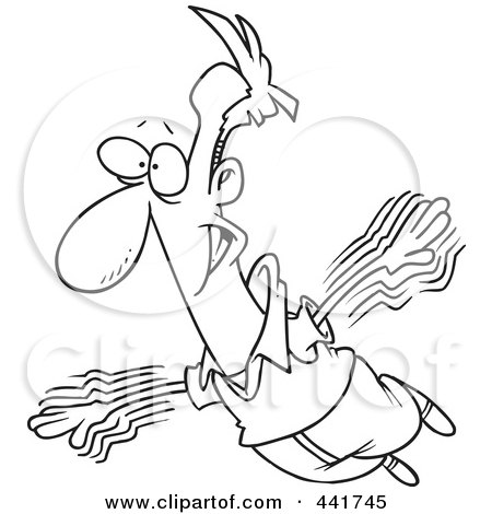 Royalty-Free (RF) Clip Art Illustration of a Cartoon Black And White Outline Design Of A Lofty Businessman Trying To Fly by toonaday