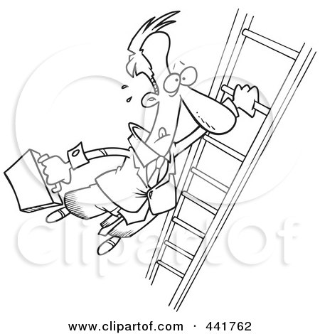 Royalty-Free (RF) Clip Art Illustration of a Cartoon Black And White Outline Design Of A Businessman Holding Onto A Ladder With One Hand by toonaday