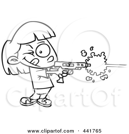Royalty-Free (RF) Clip Art Illustration of a Cartoon Black And White Outline Design Of A Girl Playing Laser Tag by toonaday