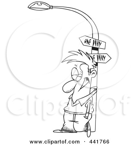 Royalty-Free (RF) Clip Art Illustration of a Cartoon Black And White Outline Design Of A Man Leaning Against A Lamp Post by toonaday