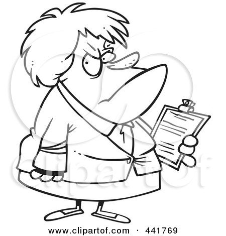 Royalty-Free (RF) Clip Art Illustration of a Cartoon Black And White Outline Design Of An Ugly Female Boss by toonaday