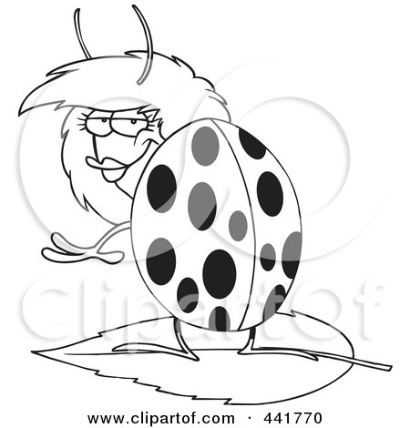 Royalty-Free (RF) Clip Art Illustration of a Cartoon Black And White Outline Design Of A Flirty Ladybug by toonaday