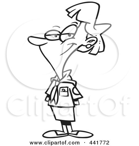 Royalty-Free (RF) Clip Art Illustration of a Cartoon Black And White Outline Design Of A Female Scout Leader by toonaday
