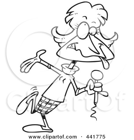 Royalty-Free (RF) Clip Art Illustration of a Cartoon Black And White Outline Design Of A Goofy Female Comedian by toonaday