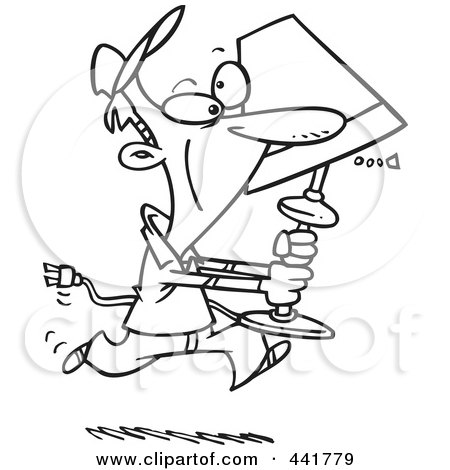 Royalty-Free (RF) Clip Art Illustration of a Cartoon Black And White Outline Design Of A Man Running With A Lamp by toonaday