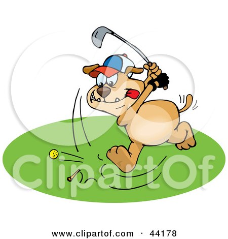 Clipart Illustration of a Brown Dog Focusing While Golfing On A Course by Dennis Holmes Designs