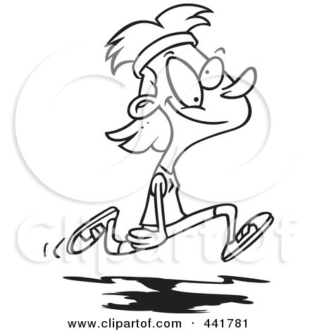 Royalty-Free (RF) Clip Art Illustration of a Cartoon Black And White Outline Design Of A Happy Lady Jogger by toonaday