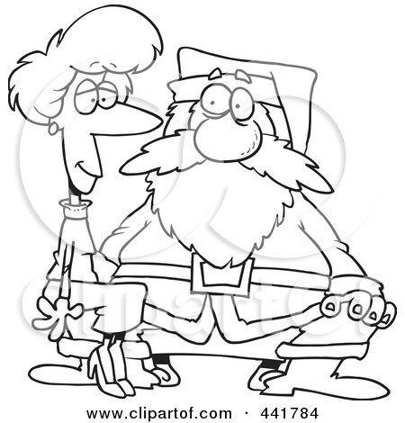 Royalty-Free (RF) Clip Art Illustration of a Cartoon Black And White Outline Design Of An Adult Woman Sitting On Santas Lap by toonaday