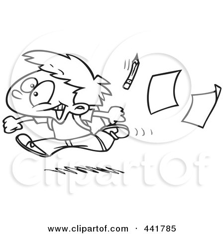 Royalty-Free (RF) Clip Art Illustration of a Cartoon Black And White Outline Design Of A Boy Running Home On The Last Day Of School by toonaday