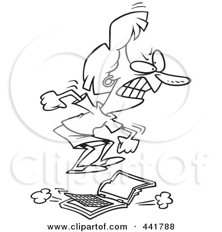 Royalty-Free (RF) Clip Art Illustration of a Cartoon Black And White Outline Design Of A Pissed Businesswoman Stomping On A Laptop by toonaday
